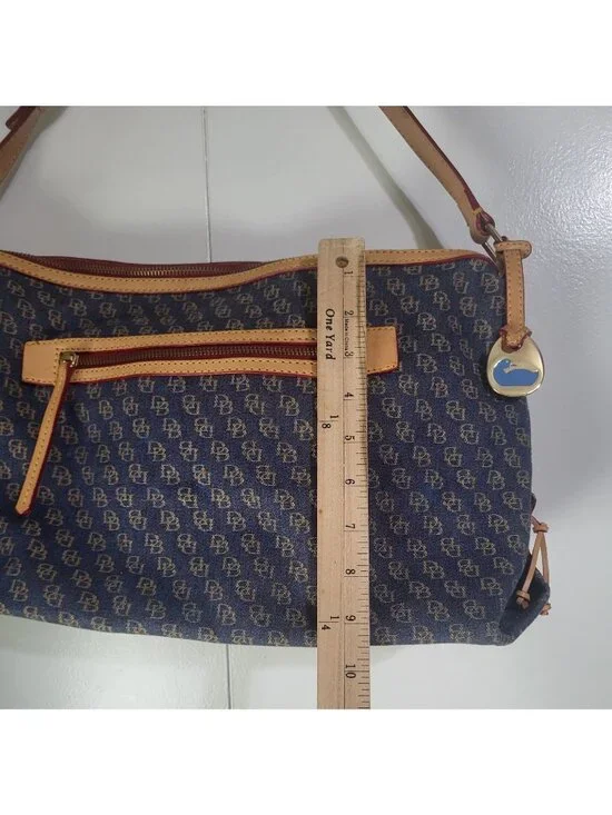 Dooney & Bourke Blue Denim Logo Brocade Shoulder Bag Brown Leather Red Interior - Picture 5 of 13